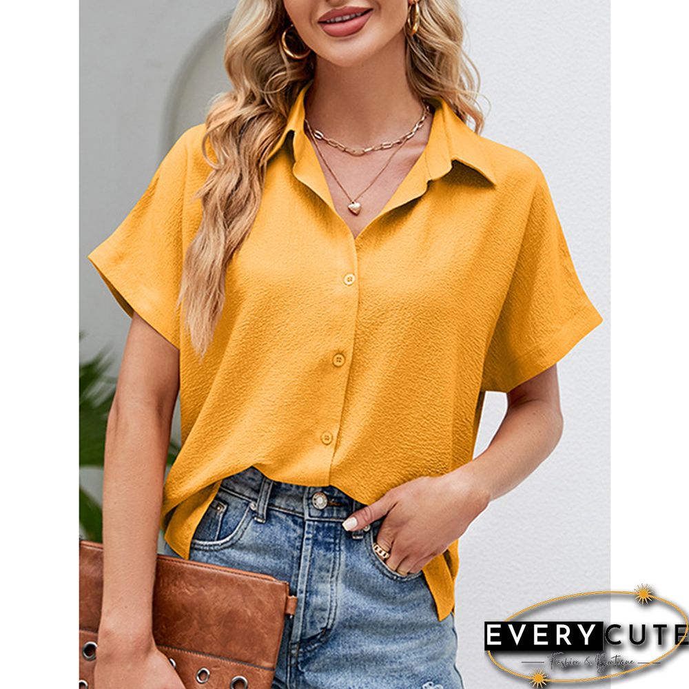Yellow Button Lapel V Neck Short Sleeve Shirt