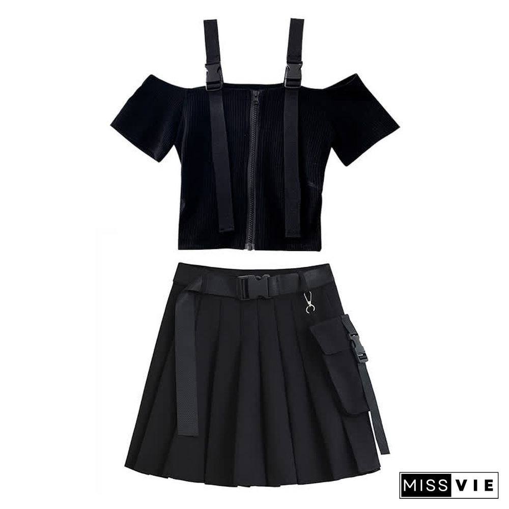 Gothic Off The Shoulder Buckle Strap Zipper Crop Top Belted Pleated Skirt
