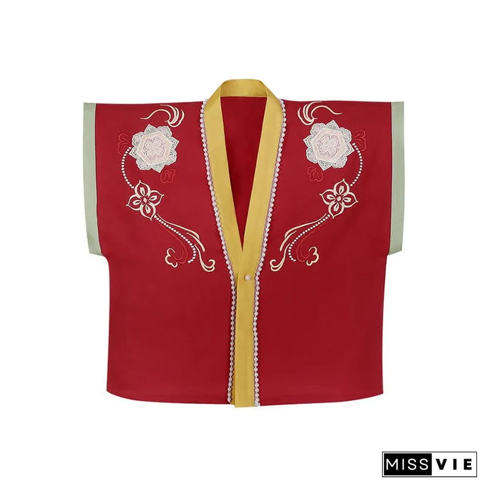 Vintage Embroidery Vest Long Sleeve Shirt Clorblock Skirt Three Pieces Set