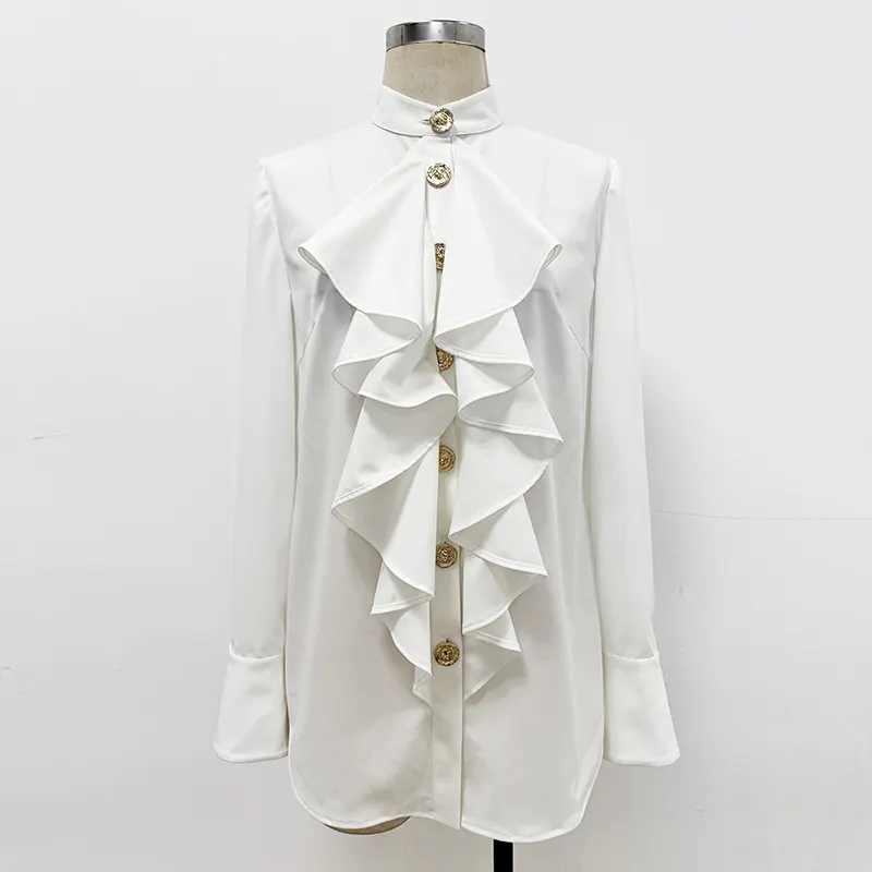 Nigikala Nigikala New Star Fashion Simple Repair Wood Ear Lotus Side With White Long-Sleeved Shirt