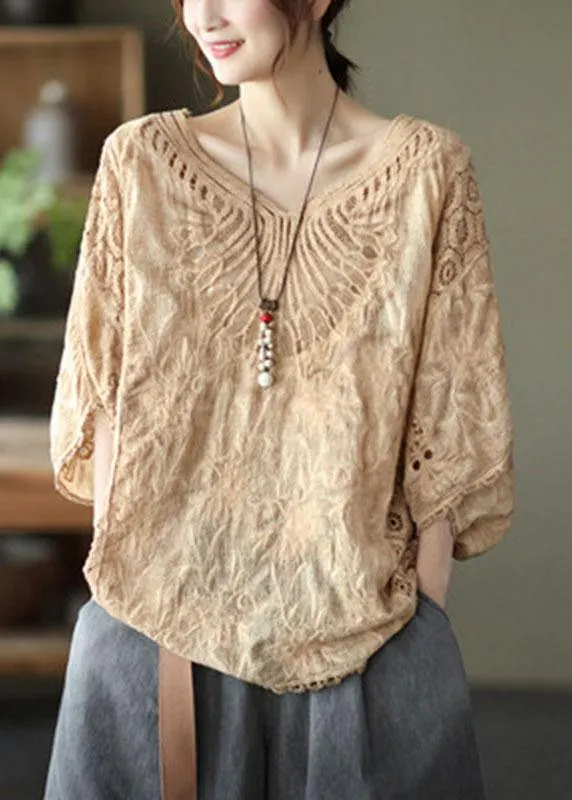 Boho Khaki Cotton V Neck Embroidered Hollow Out Summer Blouses