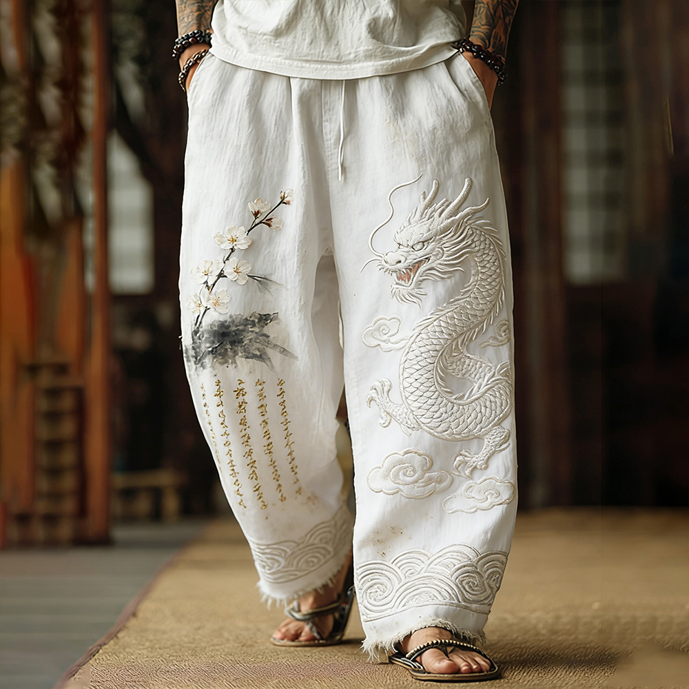 Men's Japanese Style Dragon And Cherry Blossom Calligraphy Art Cotton Linen Vintage Pants elevenforest