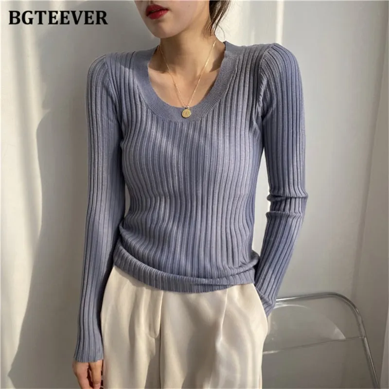 BGTEEVER Autumn Deep O-neck Women Basic Slim Warm Knitted Tops Casual Skinny Stretch Long Sleeve Female Pullover Sweaters 2020