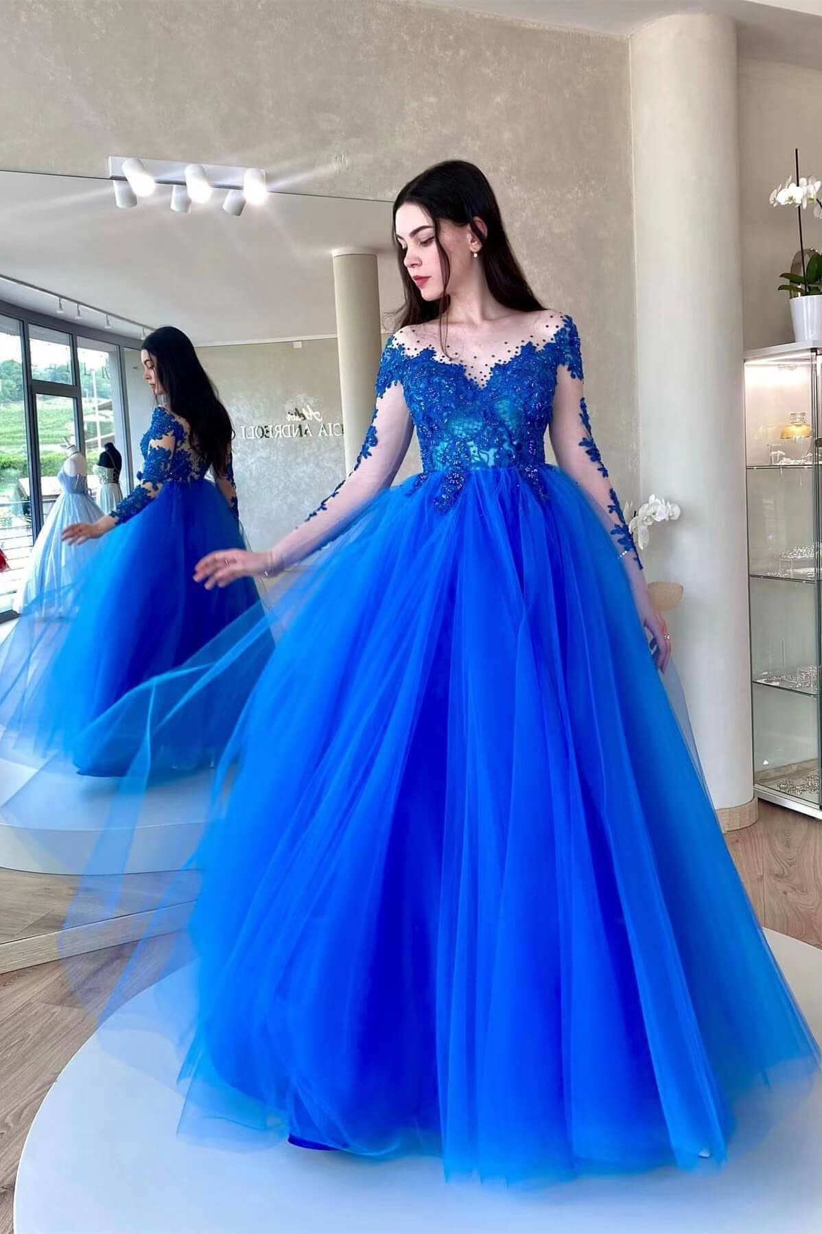 long sleeve prom dresses blue Kate Mesh High Waisted Long Sleeve Custom Maternity Photoshoot Gowns, XXL / 89#-Sky blue main image 1