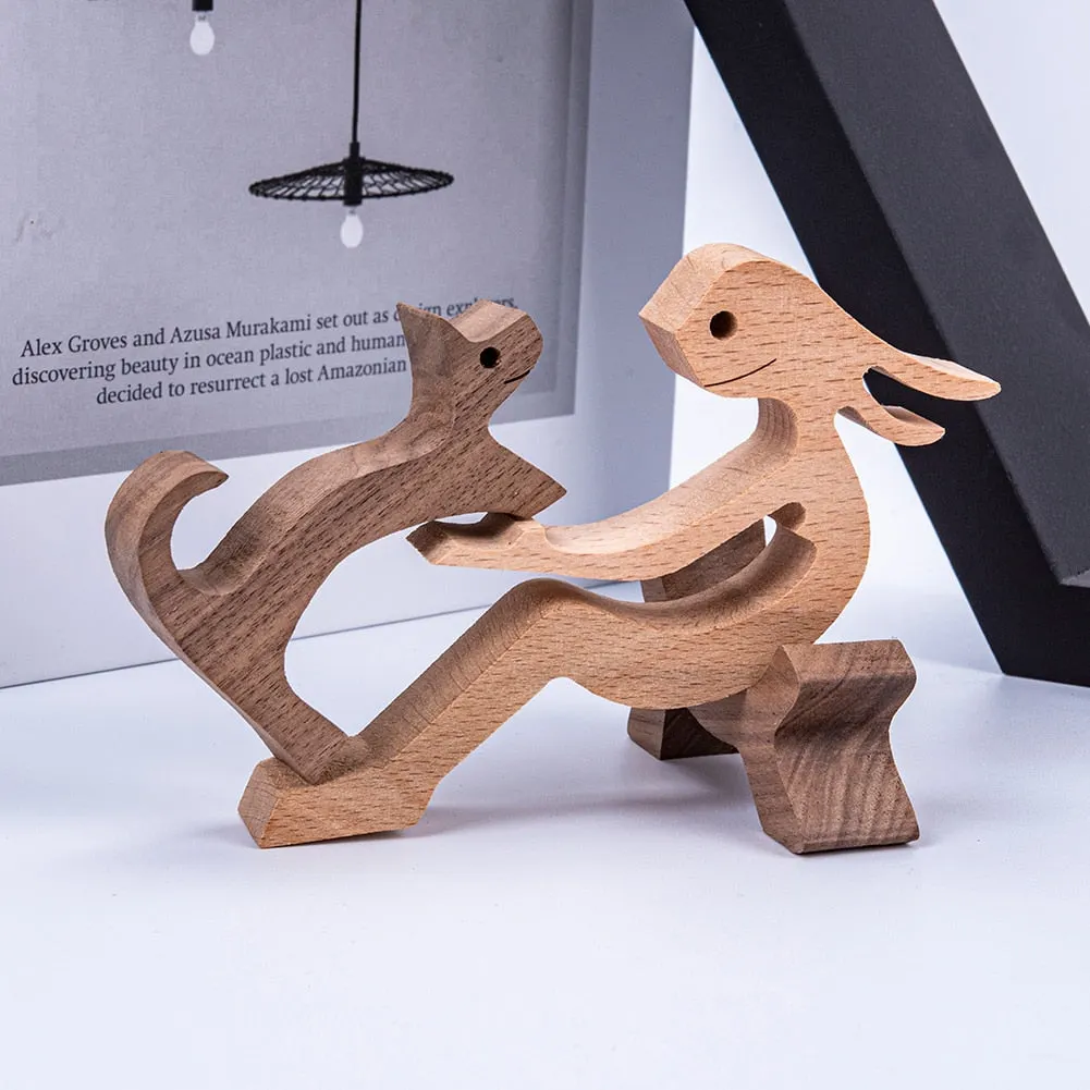 Puppy Family Wood Dog Carving Ornament Christmas Decoration Home Decor Figurine Desktop Table Sculptures For Dog Pet Lover Gifts
