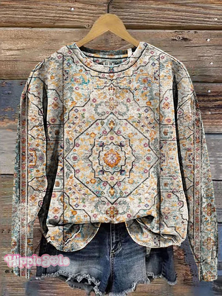 Retro Boho Flower Print Casual Sweatshirt Multicolor / S