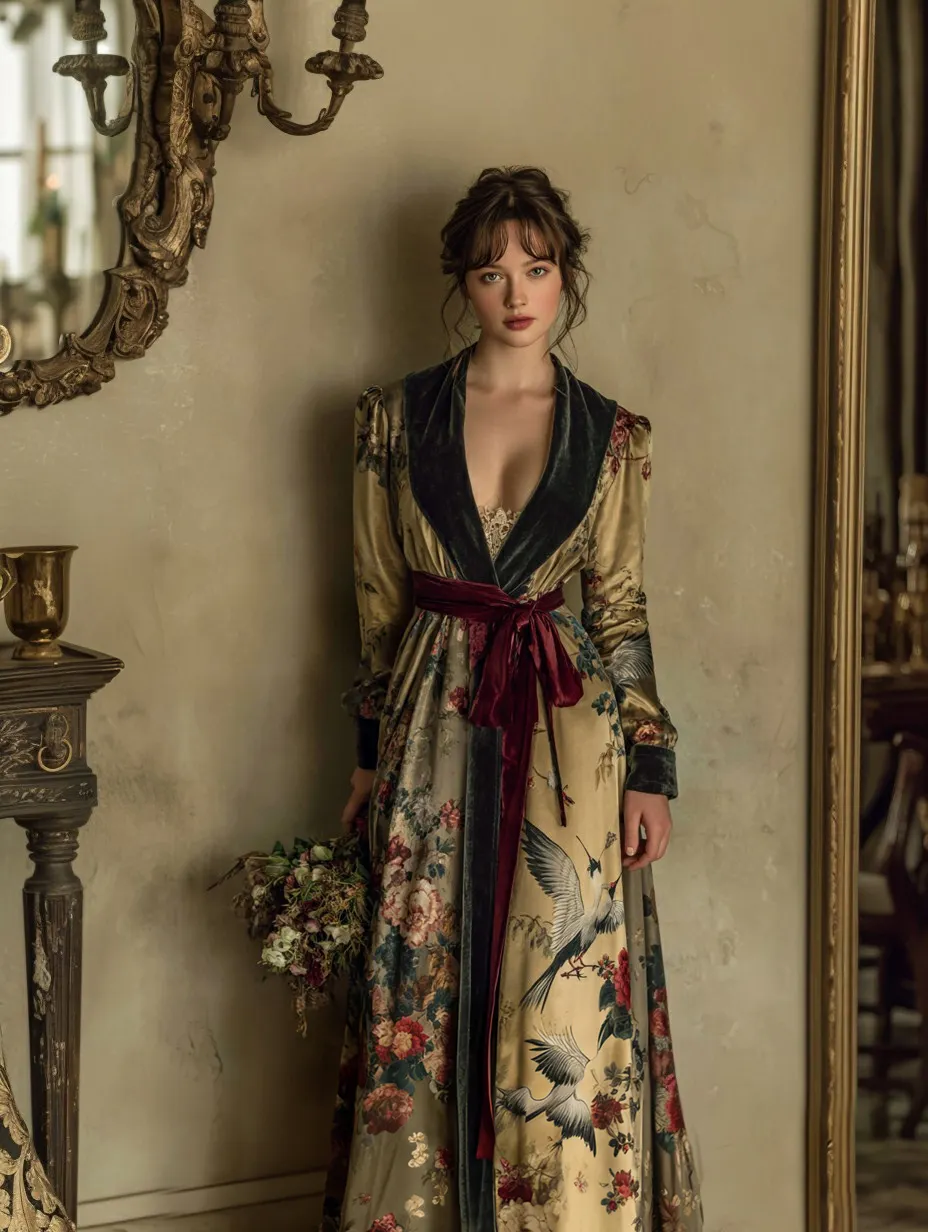 Women's Elegant Vintage Crane Art Print Robe