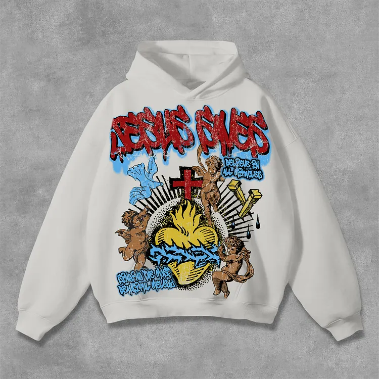 Vintage Jesus Saves Angel Graphic Print Pocket Hoodie