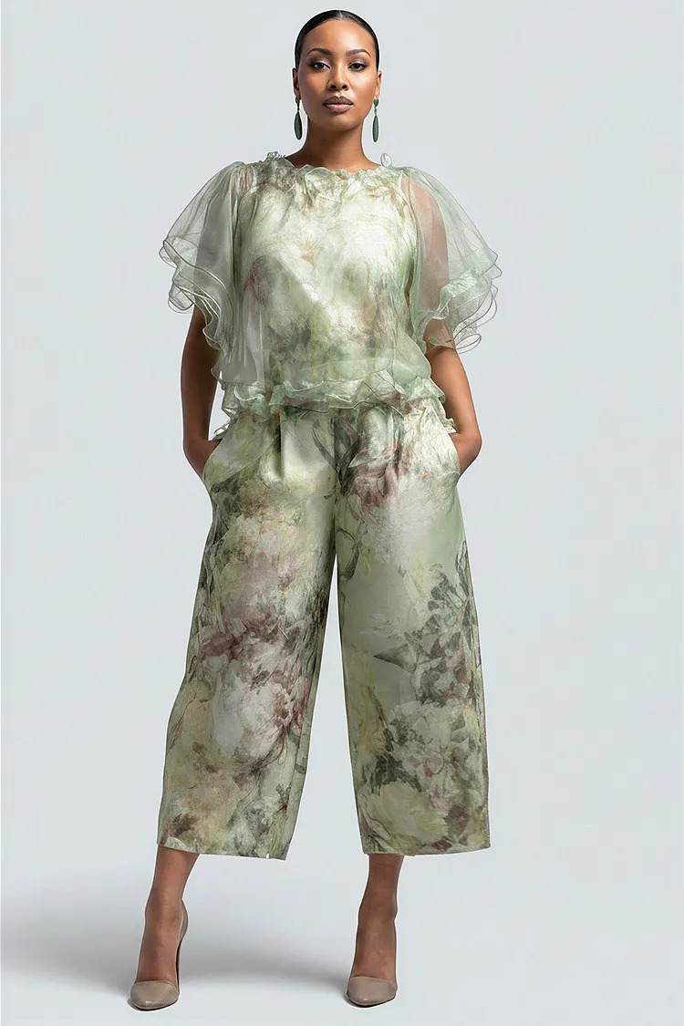 Xpluswear Design Plus Size Cocktail Party Tulle Sage Green Floral Round Neck Short Sleeve Pocket Ruffle Satin Two Piece Pant Sets [Pre-Order] 2024 - Xpluswear