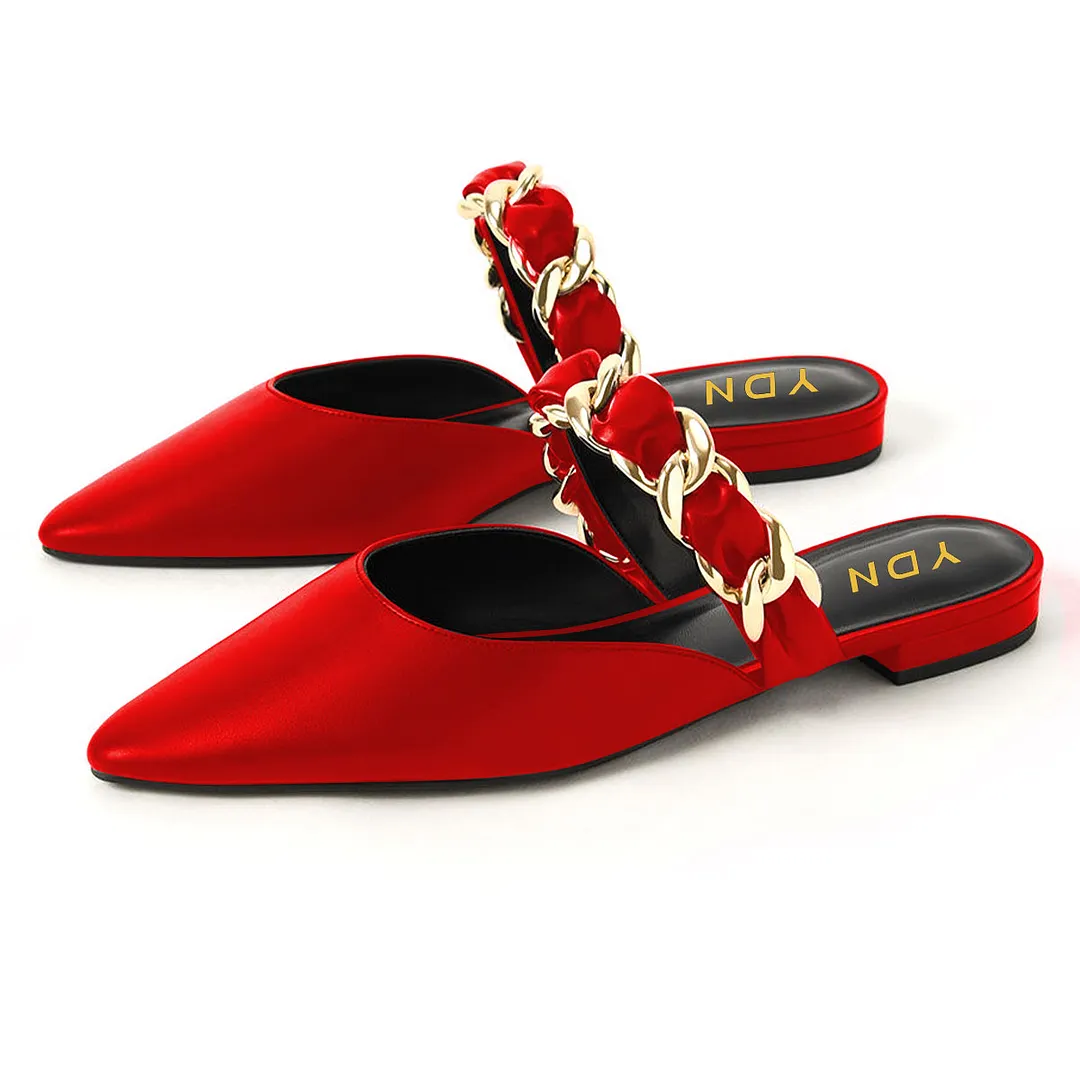 Red Satin Pointed Gold Chain Strap Flat Pumps for Elegant Ladies