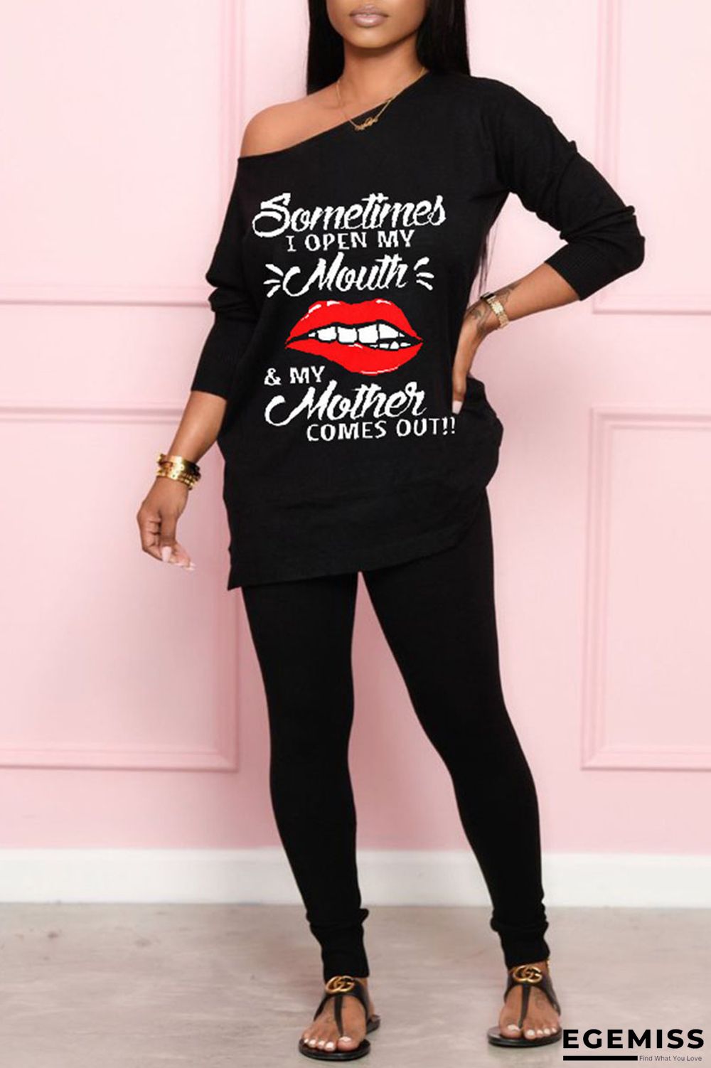 Black Casual Print Patchwork O Neck Long Sleeve Two Pieces | EGEMISS