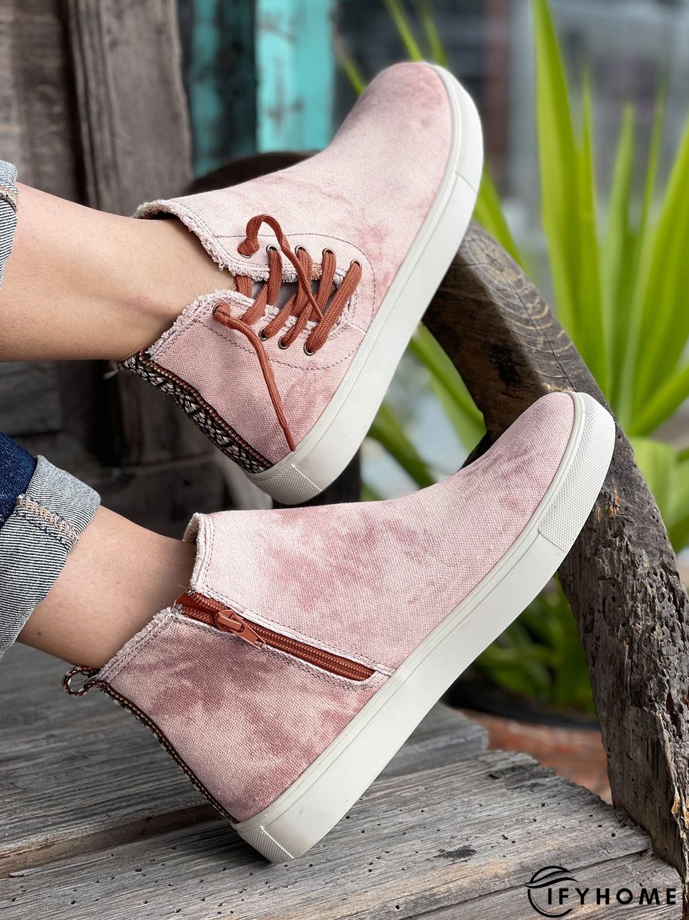 Casual Lace-up Decor Fringe High Top Canvas Shoes with Side Zip | IFYHOME