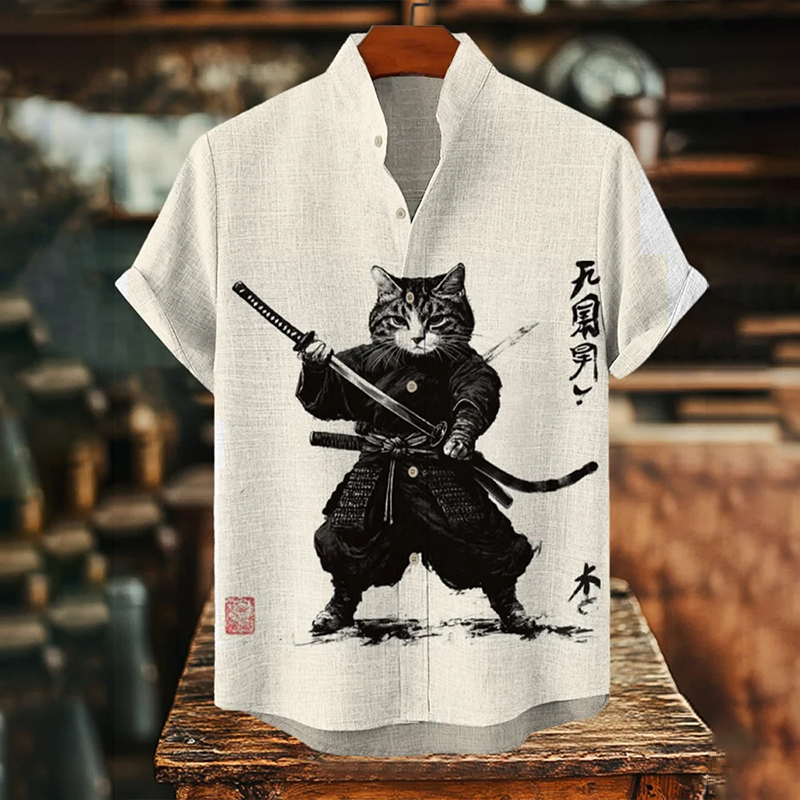 Men's Japanese Samurai Cat Print Short Sleeve Shirt  artssus