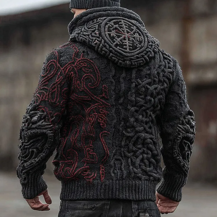Men's Vegvisir Viking Celtic Runes Colorblock Design Cozy Chunky Zipper Up Hooded Sweater