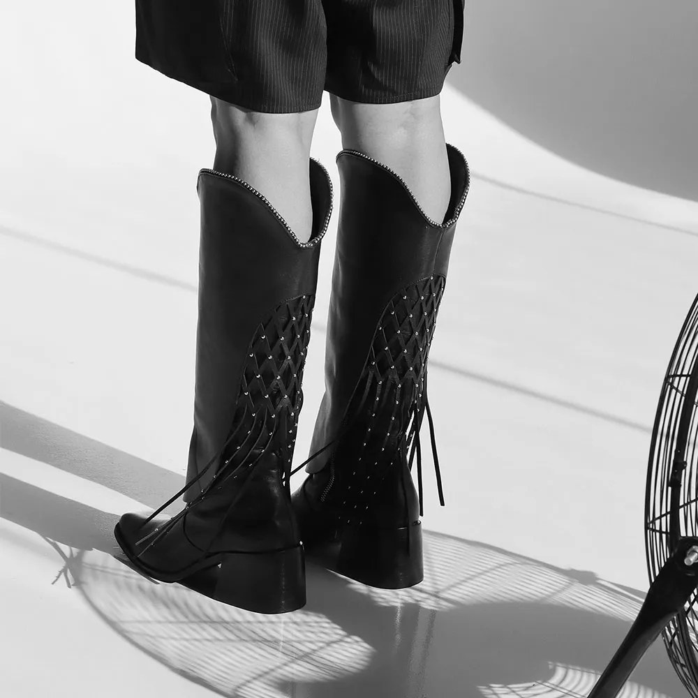 Black Studded Fringe Fold Over Western Knee High Boots for Women