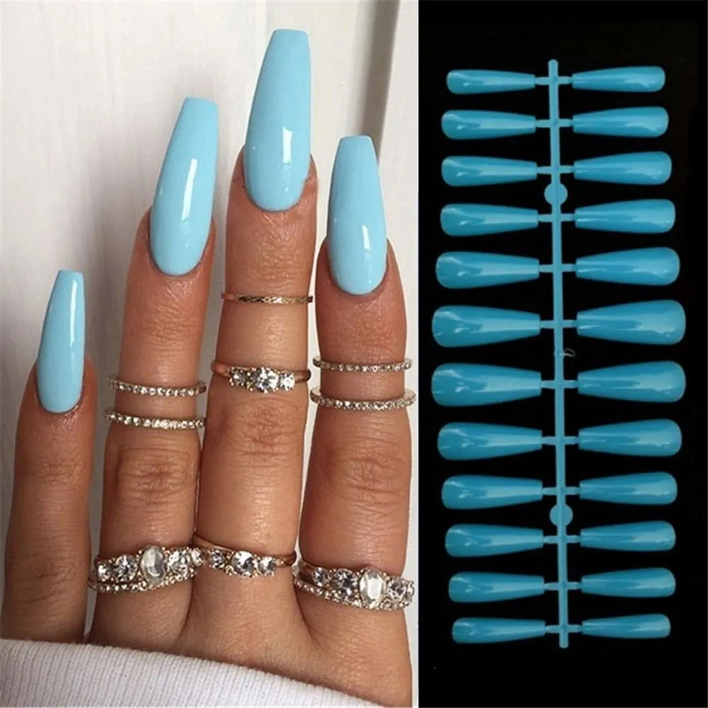 Churchf Detachable Coffin False Nails Wearable French Ballerina Blue Glitter Rhinestone Fake Nails Full Cover Nail Tips Press On N-Nail Inspo