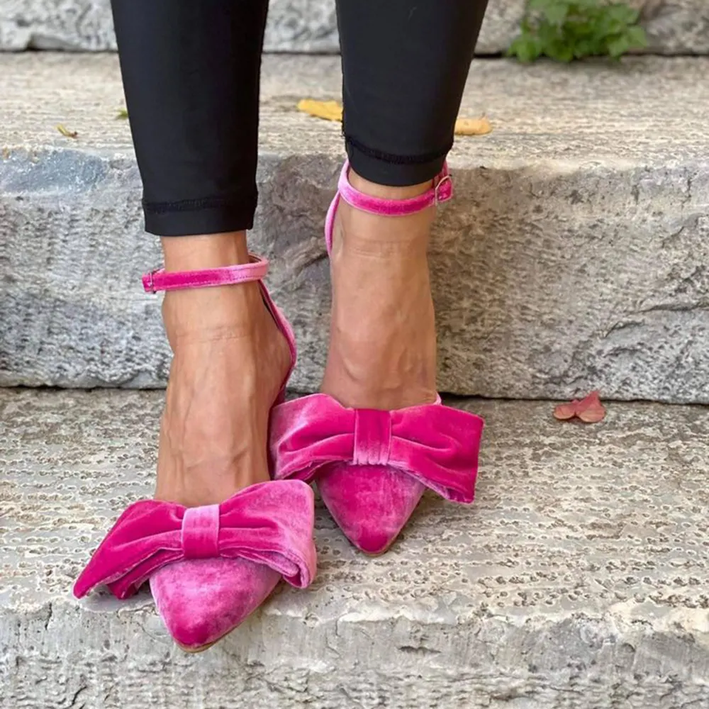Pink Velvet Closed Pointed Toe Ankle Strappy Pumps With Chunky Heels