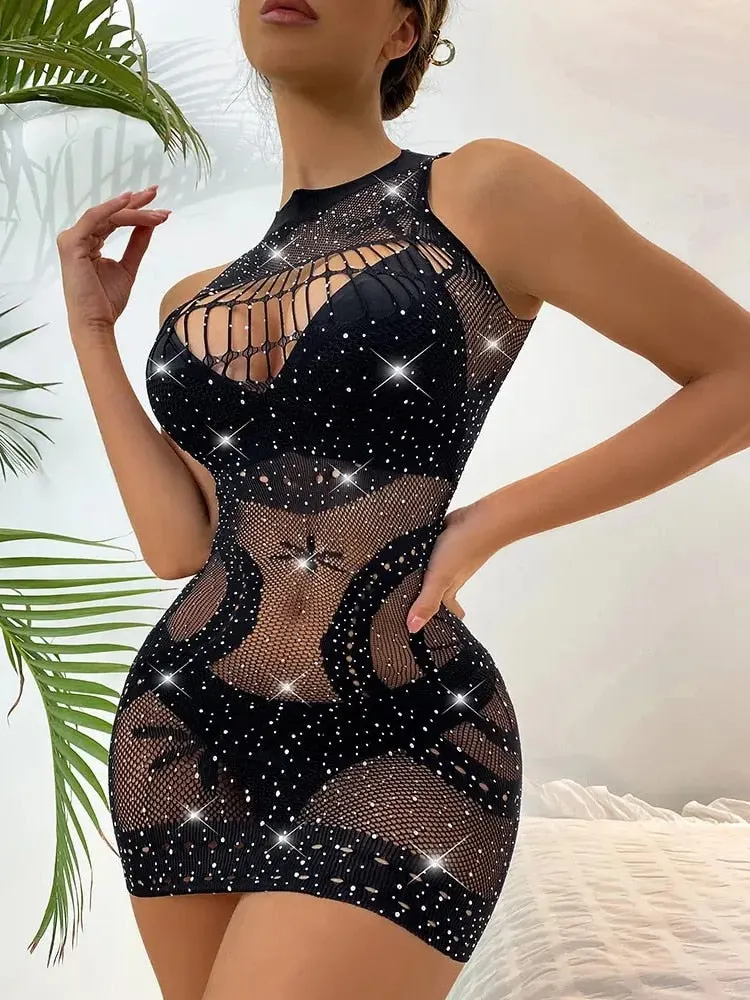 Mandylandy Women Sexy Exotic Lingerie Dress Lady Fashion High Waist Corset Hollow Out Sheath Mini Nightdress Underwear Sleepwear