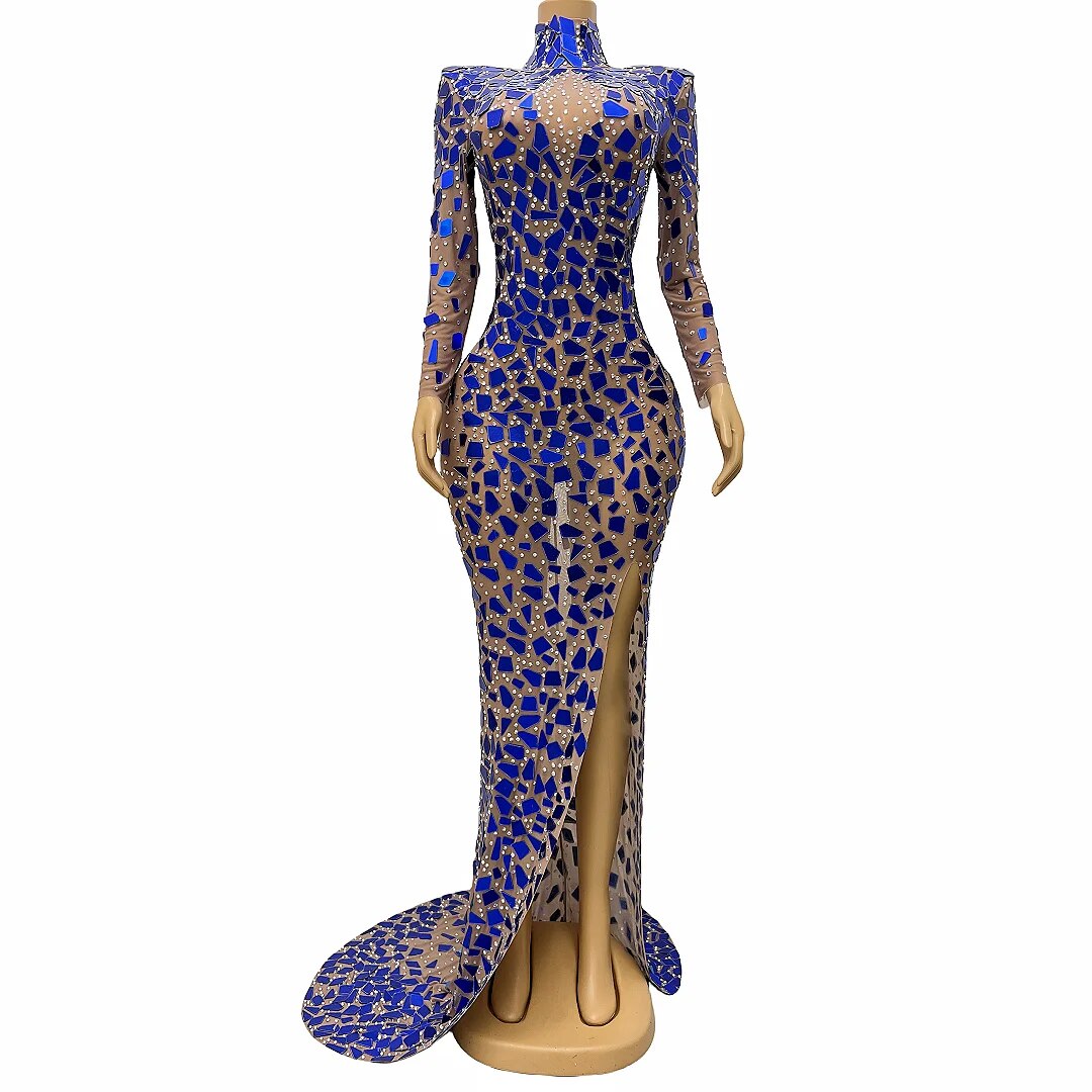 Evening Celebrate Blue Mirrors Transparent Long Train Dress Rhinestones Performance Outfit Costume Lanjing