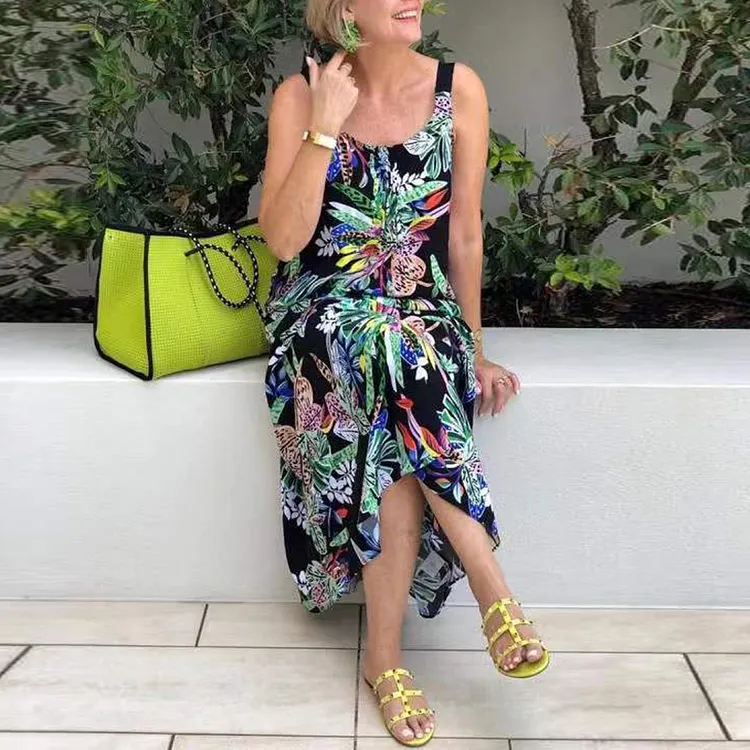 Vacation Printed Strap Square Neck Maxi Dress