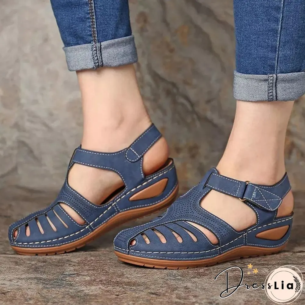 New Leather Hollow Out Vintage Sandals Casual Flat Sandals Summer Women Beach Sandal