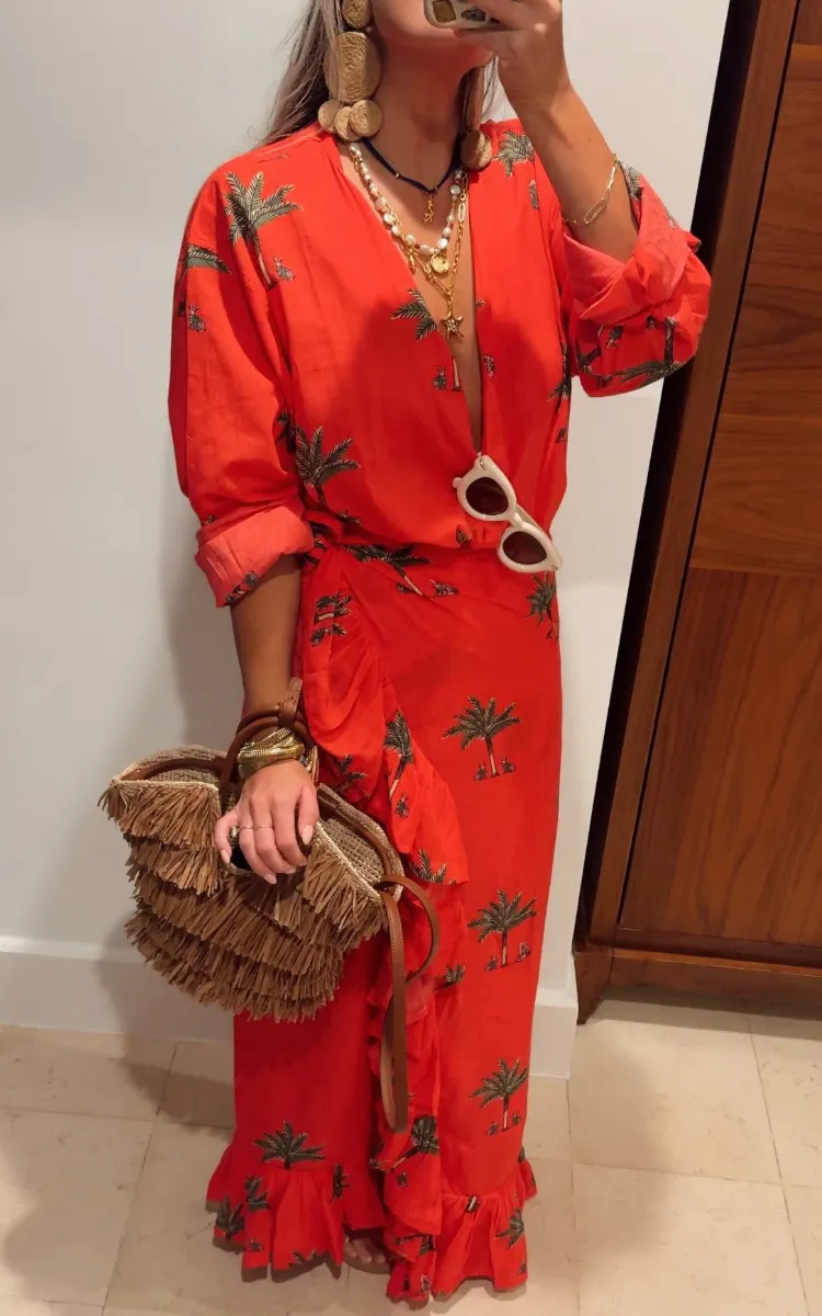 Red Palm Print Wrap Set