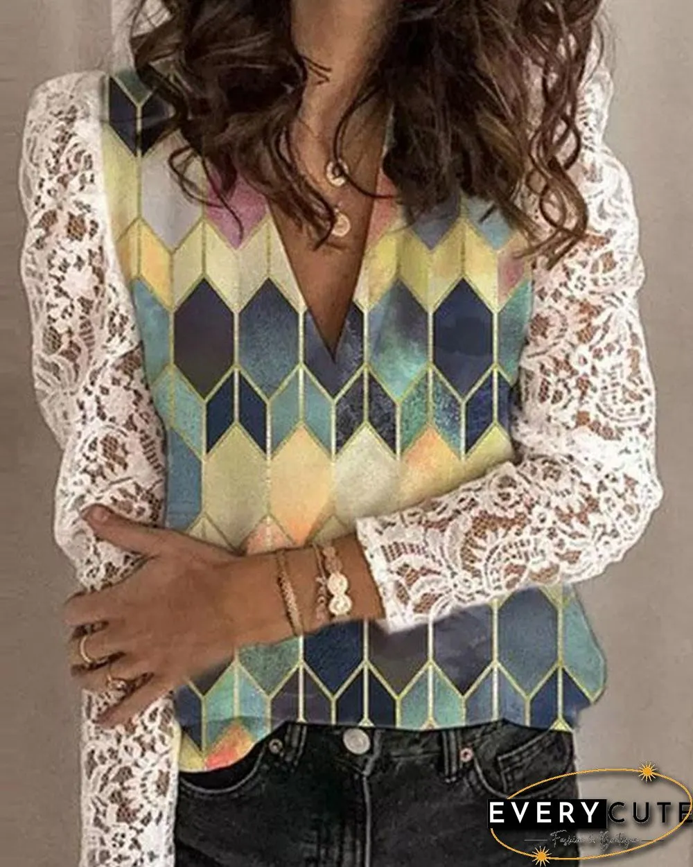 Lace Color Block V Neck Long Sleeves Elegant Blouses