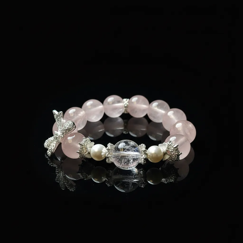 JiStones Ethereal Starlight Rose Quartz & Moissanite Bowknot Bracelet