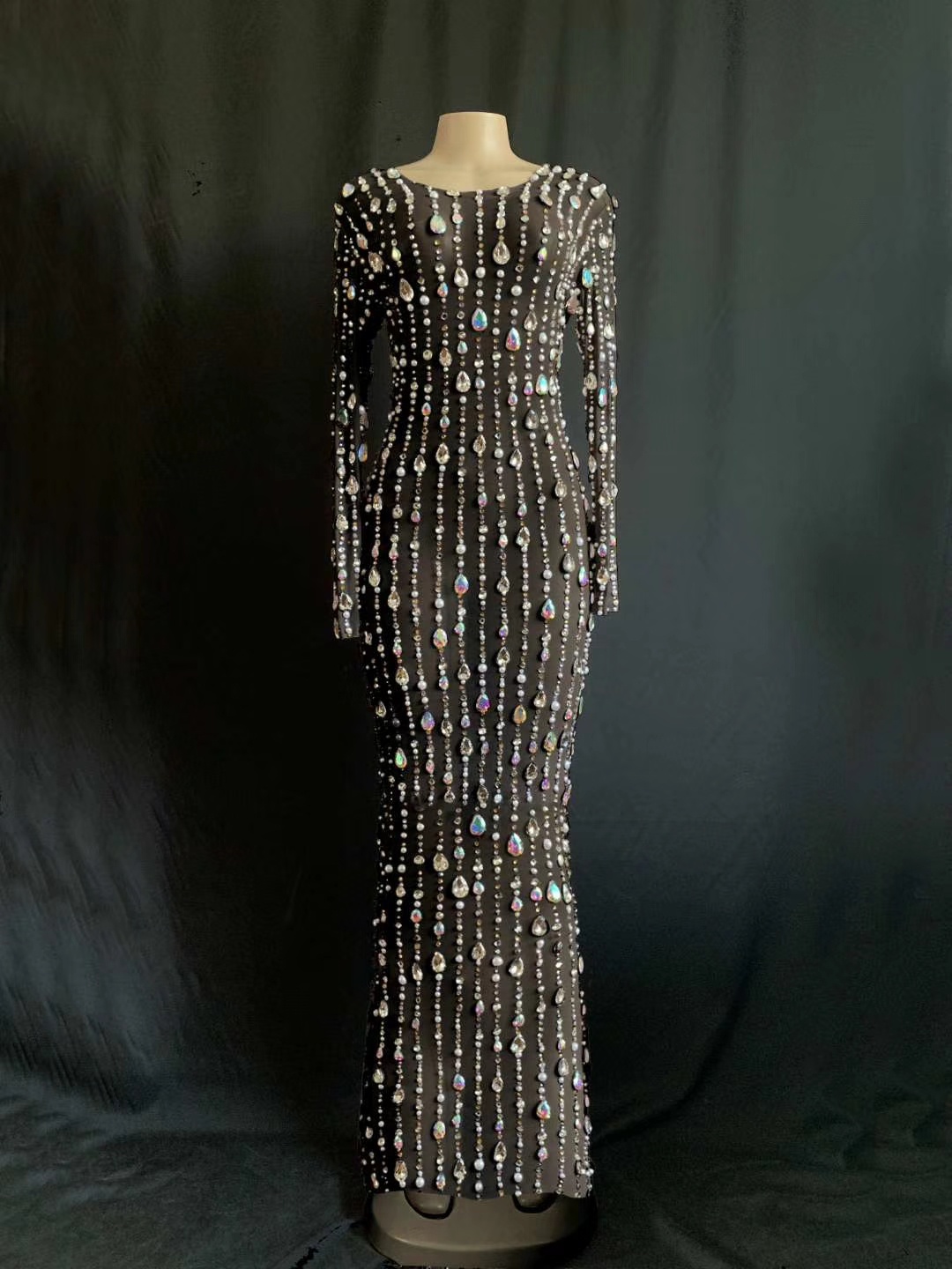 GOOSHOE Rhinestones Pearls Long Mesh Dress Celebrate Stretch See Through Prom Party Tranparent Co