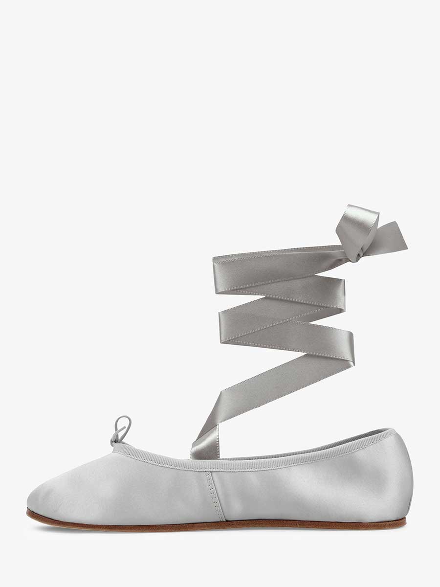 Grey Satin Closed-Toe Bow Ribbon Strappy Flat Shoes Women