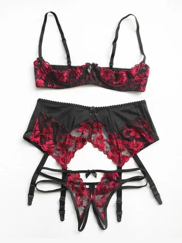 Lovers' Underwear Lace Seductive Women Hollow Out Chest Ultra-thin Underwire Bra Panty Garter Lingerie Set Intimate Clothes