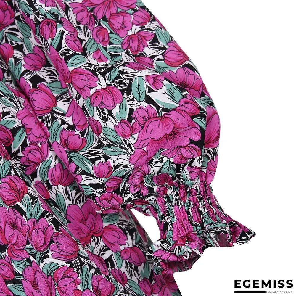 Floral Stand Collar Lantern Long Sleeve Chiffon Dress | EGEMISS