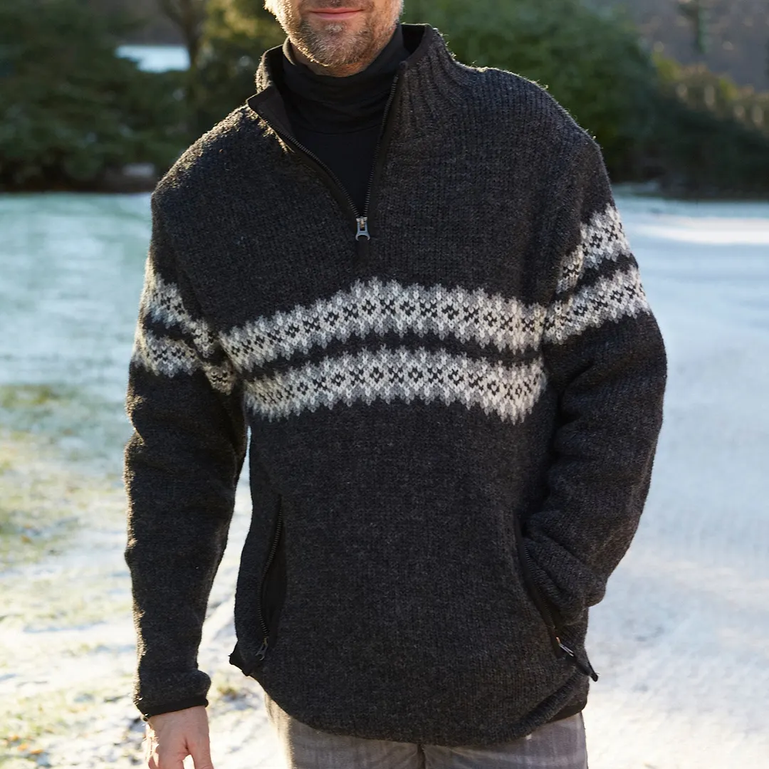 Vintage Warmth Norwool Icelandic Knit Jacquard Half Zip Collar Sweater（Unisex ）