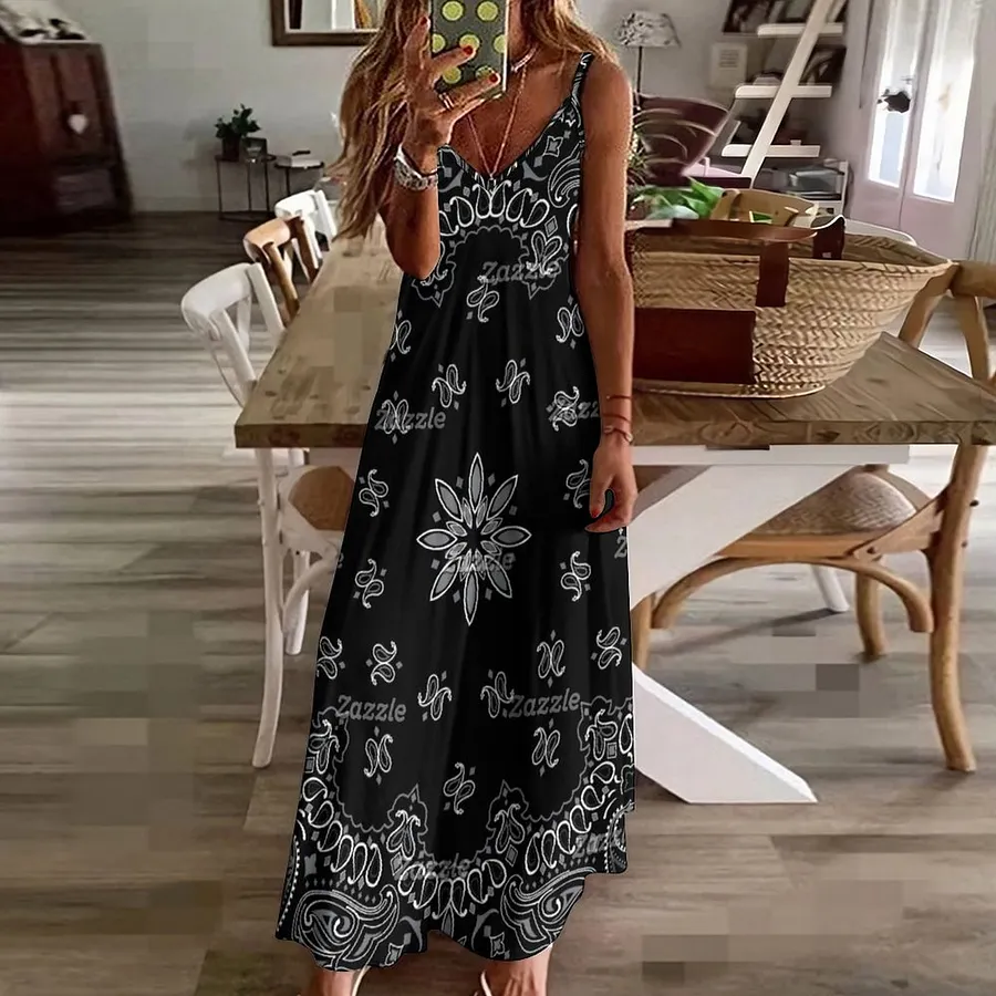 Black Bandana Boho Women's Casual Strappy V Neck Sleeveless Flowy Loose Long Maxi Beach Dress Sundress Black-XL