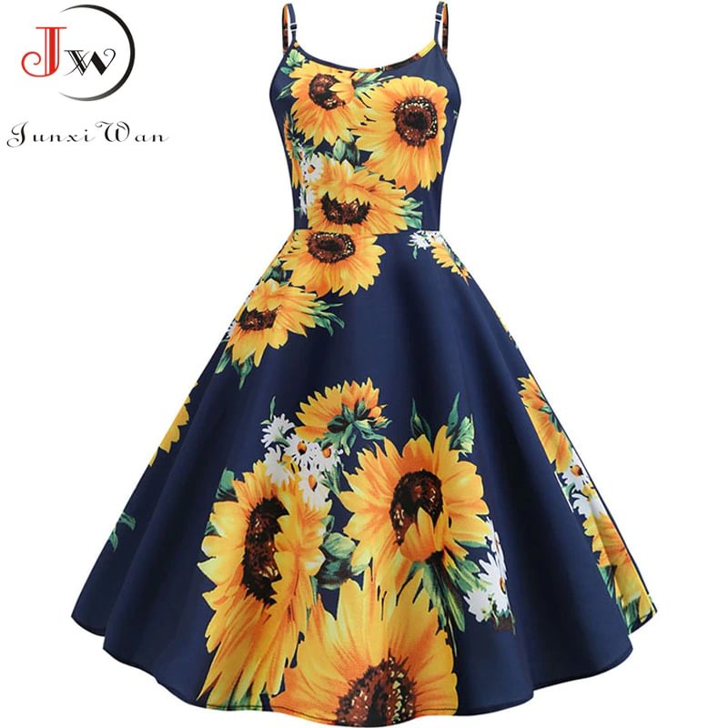Churchf Sexy Spaghetti Strap Swing Vintage Rockabilly Dresses Floral Summer Beach Dress Women  White Boho Sunflower Midi Dresses-Outfit Ideas