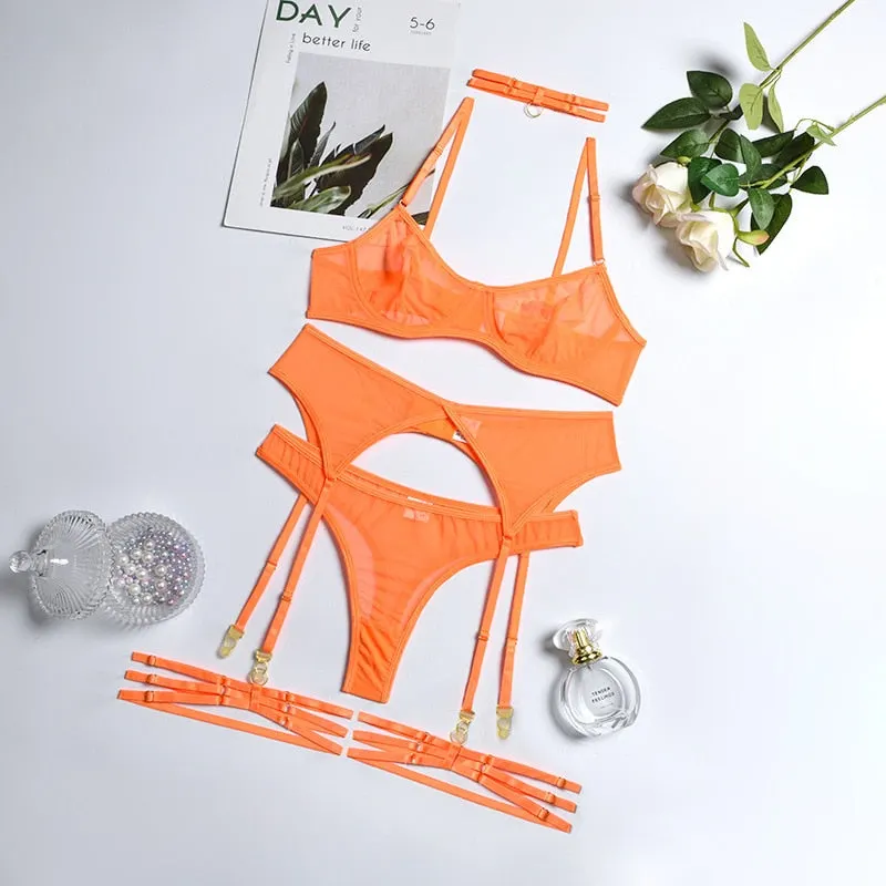 MIRABELLE Sensual Lingerie Set Woman 4 Pieces Sexy Erotic Underwear Bra Garters Brief Sets Transparent Lace Seamless Outfits