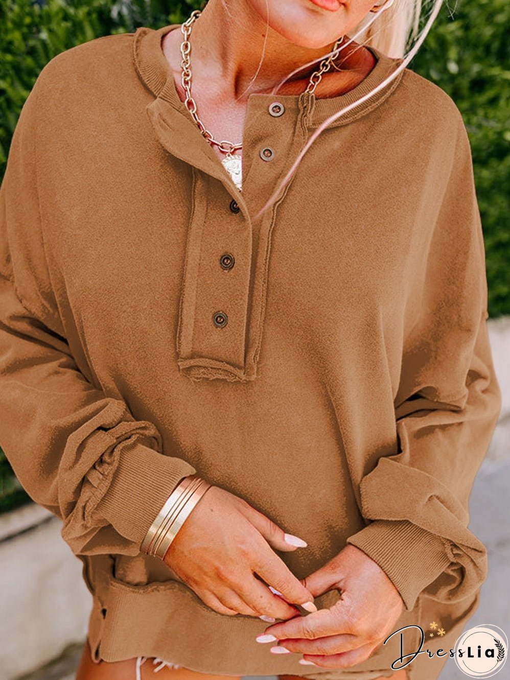 Cozy Brown V-Neck Button Detail Pullover Sweatshirt