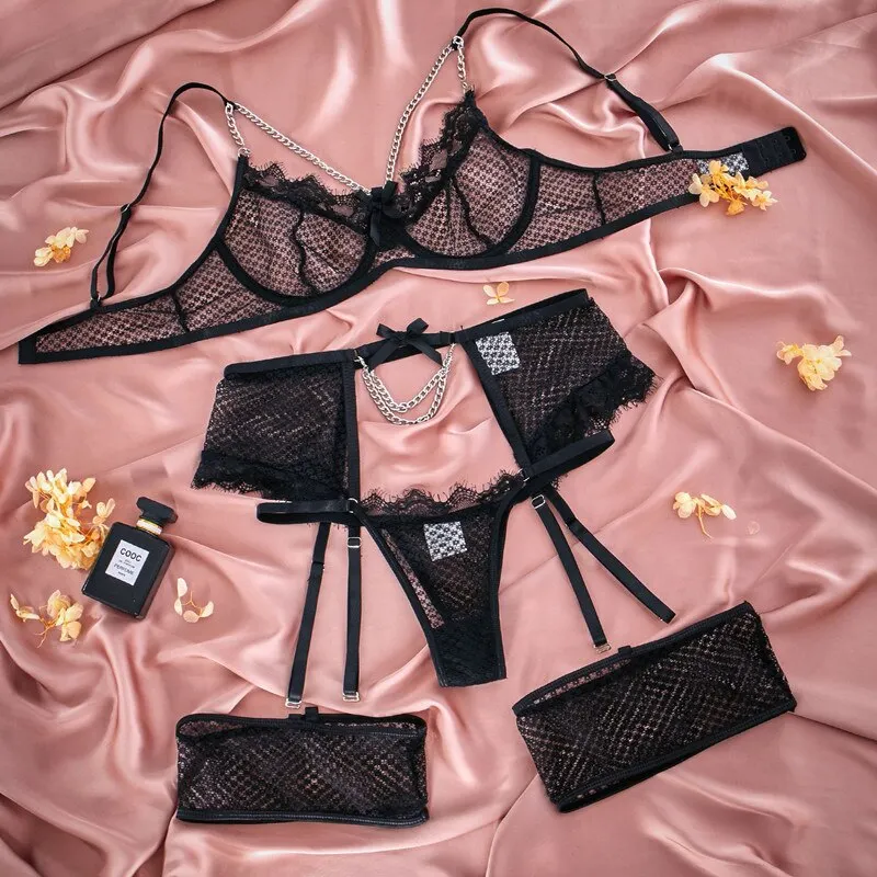 MIRABELLE Sexy Lingerie Mesh Erotic Costumes Metal Chain Linked Exotic Sets 4-Piece Lace Bra See Through Porn Hot Underwear Set