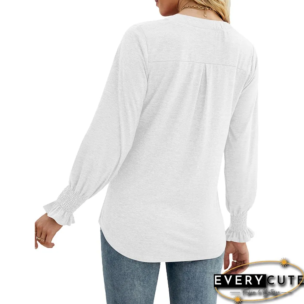 White V-neckline Ruffle Long Sleeve Tops