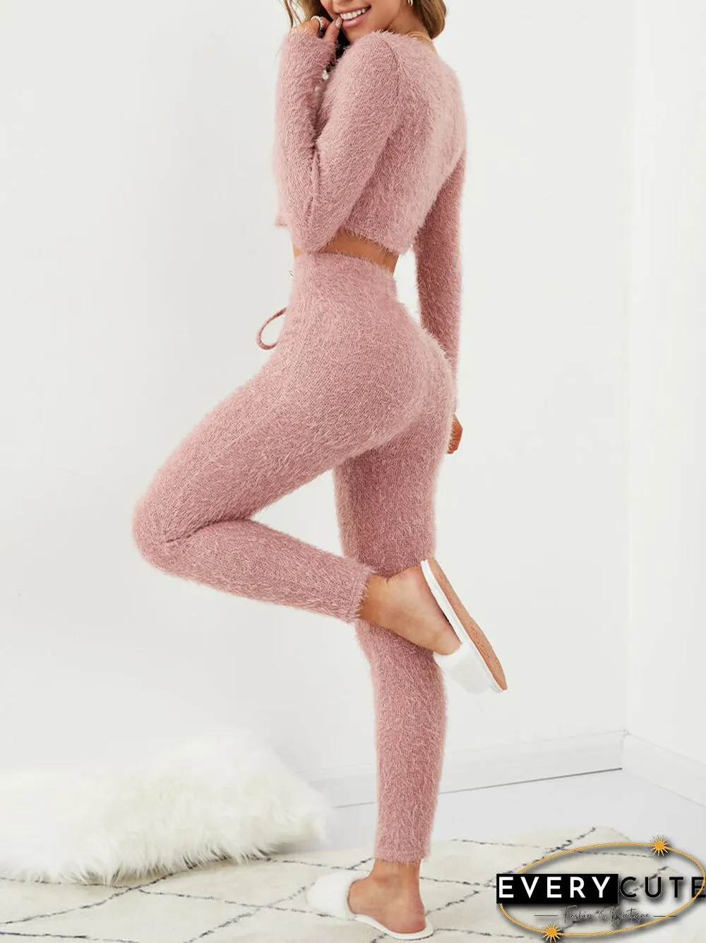Solid Color Plush Drawstring T-shirt Pants Casual Set for Women