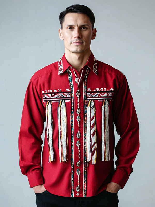 Red Native American Men's Ribbon Shirt
