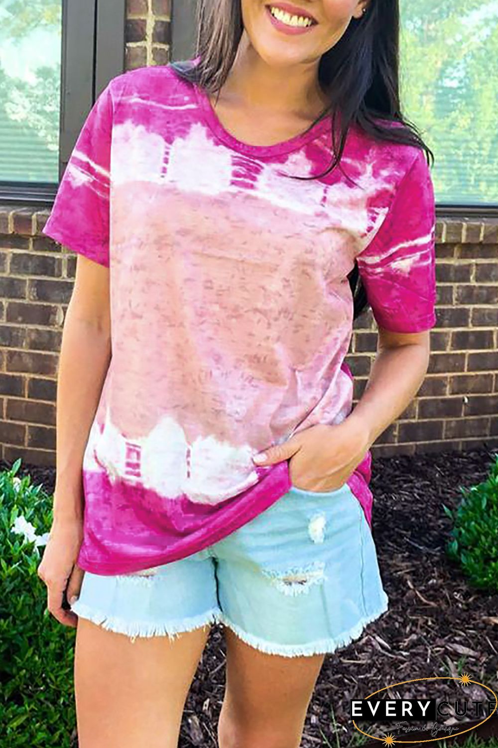 Rose Tie-dyed Color Block Print T-shirt