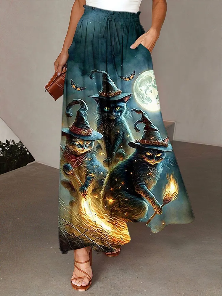 Women's Halloween Cat Art Print Casual Wide Leg Pants