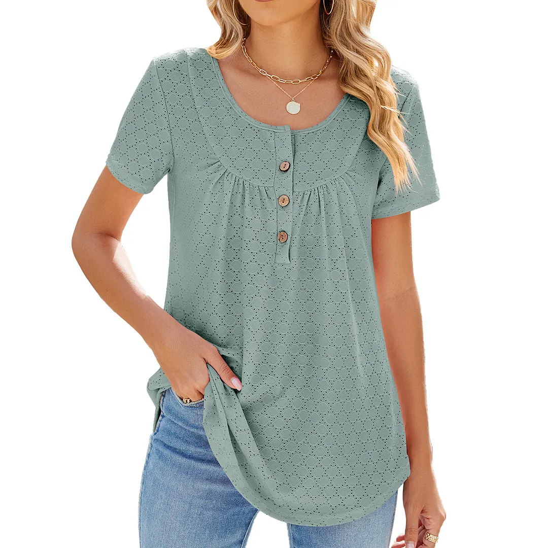 Churchf Churchf 2024 New Circle Draw Pleated Button Short Sleeve Swallow-Tailed T-Shirt Top