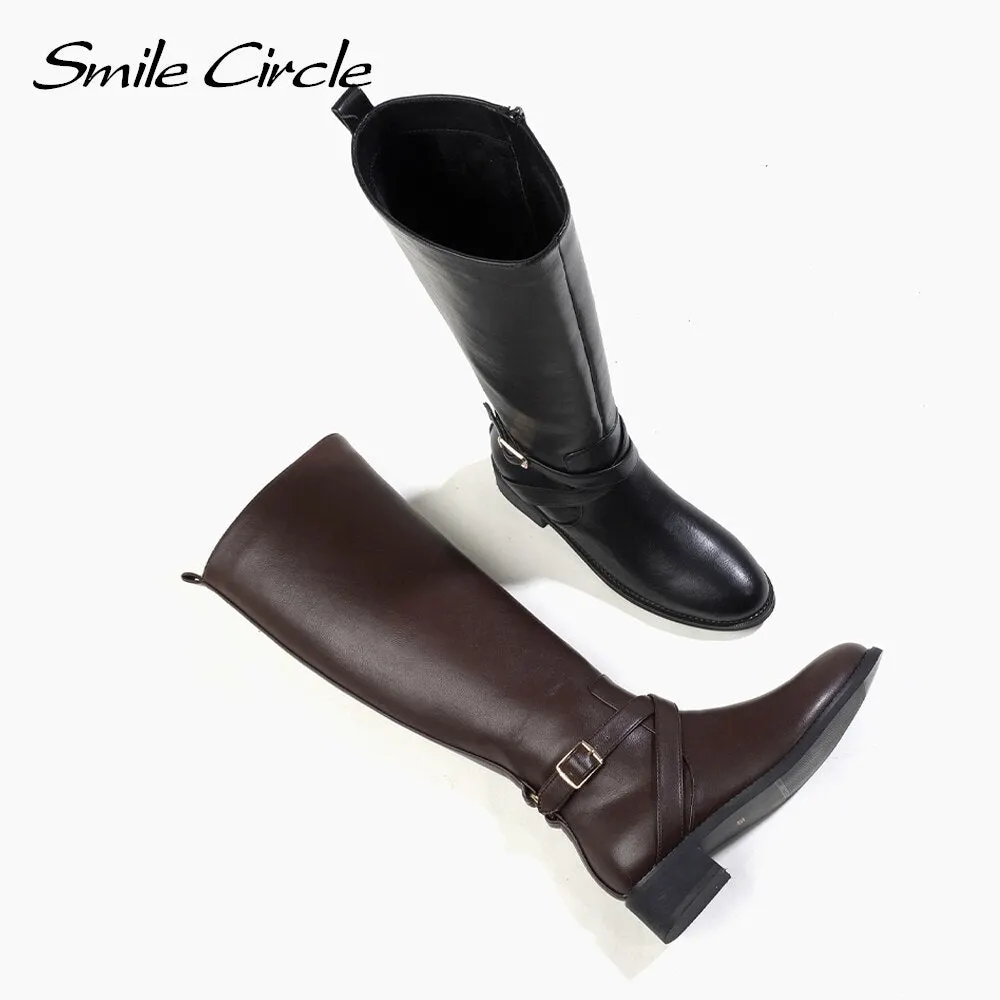 Smile Circle Knee-High Boots Women jockey Boots Warm Round toe Square Heels Equestrian Boots Winter over-the-knee Boots