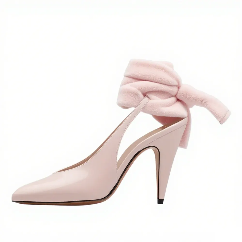Pointed Toe High Heeled Bow Slingback Cute Light Pink Pumps