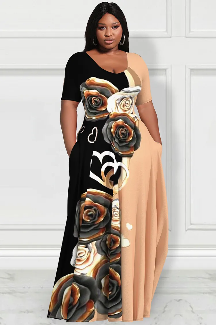 Xpluswear Design Plus Size Casual Colorblock Floral Print Short Sleeve With Pockets Maxi Dress 2024 - Xpluswear