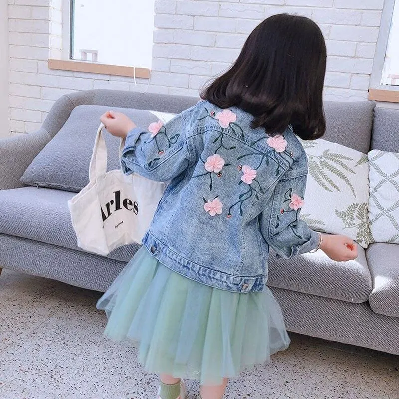 2-7T Floral Denim Jackets For Girls Toddler Kid Baby Girl Spring Clothes Long Sleeve Cute Sweet Back Flower Print Coat Outwear
