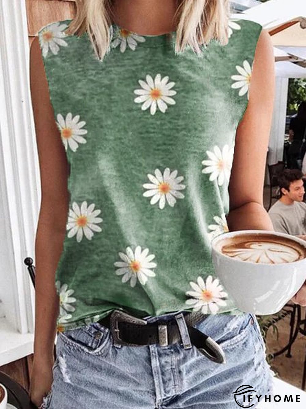 Sleeveless T-shirt with Daisy print round neck | IFYHOME