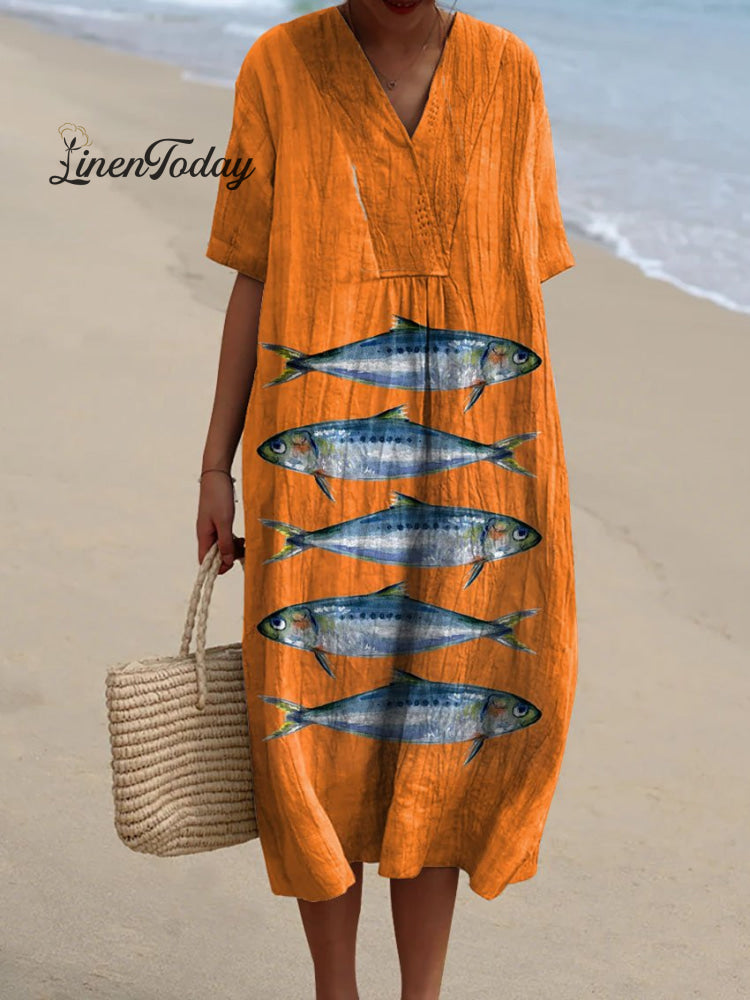 Women&rsquo;s Lovely Sardines Art Print Flowy Dress Orange / S